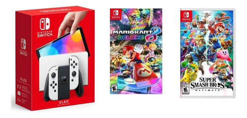 Nintendo Oled Blanco 64gb Y Juegos Mario Kart Y Smash Bros 