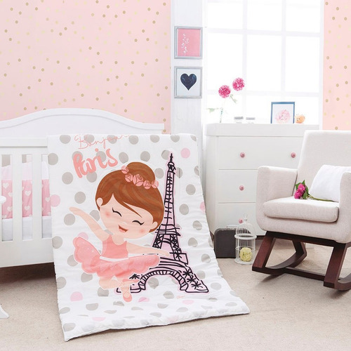 Set De Edredon Cama Cuna Corral Bebe Baby Paris Chiquimundo Color Rosa Diseño De La Tela Estampado