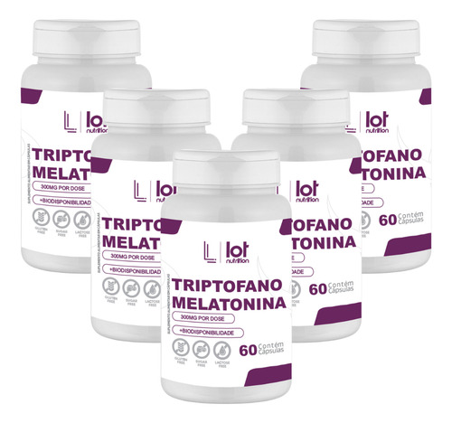 Kit 5un Triptofano + Melatonina 60 Cápsulas Relaxamento Sem Sabor