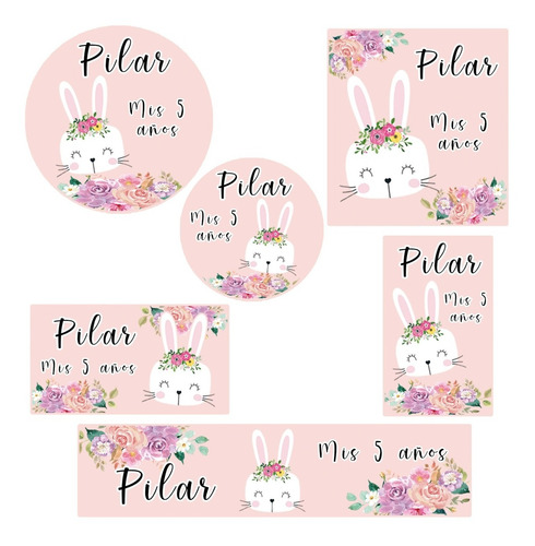 Kit 144 Stickers Coneja Flores Rosa Troquelados Candy Bar