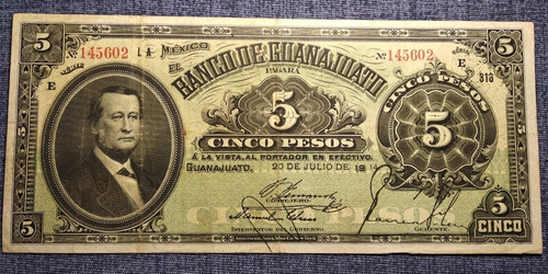 Billete 5 Pesos El Banco De Guanajuato 1914. Manuel Doblado 