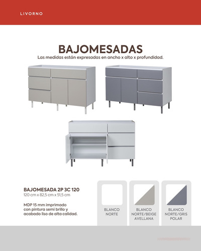 Mueble Bajo 140 Livorno Beige Avellana + Mesada Acero Inox