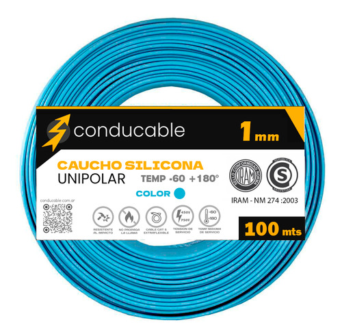 Cable Unipolar 1 Mm Silicona 100 Mts Normalizado Conducable Celeste