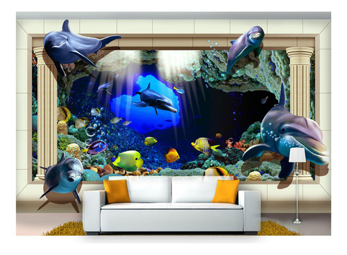 Papel De Parede Fundo Do Mar Golfinhos 3d 7,50m² Fm84