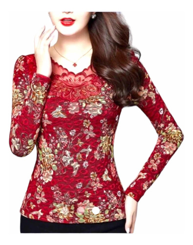 Blusa De Encaje Rojo Floreado 