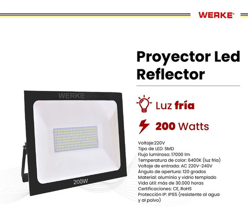 Proyector Led Reflector 200w 6400k Frío Werke Pr0304