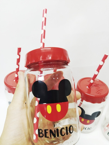 10 Frascos Mickey Personalizados Nombre Tapa Y Sorbete