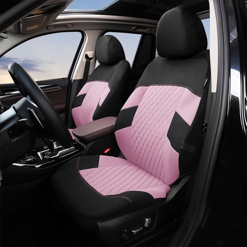 Set Funda Cubre Asiento Auto Rosa + Cubre Volante Rosa Piedr