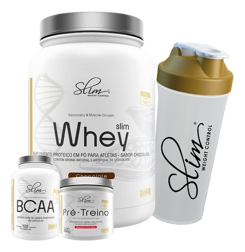 Kit Suplemento Whey Protein 900g + Pré Treino + Bcaa + Copo Sabor Chocolate