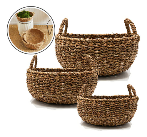 Juego de 3 cestas de paja, bandeja decorativa multiusos para el hogar, juego de cestas de colores con asa