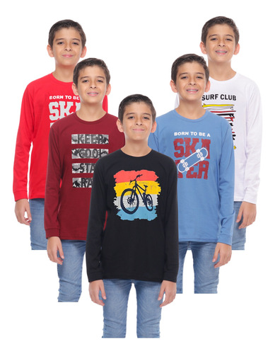 Kit 5 Camisetas Infantil Manga Longa Juvenil Meninos 10 A 16