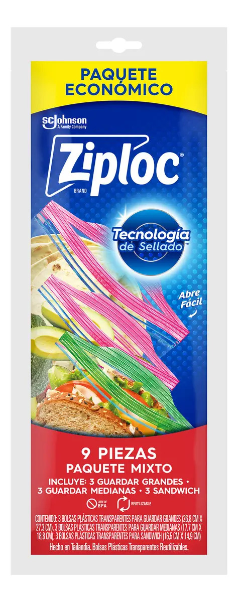 Bolsas Reutilizables Ziploc para Guardar con Doble Cierre, Pack Mixto de 9