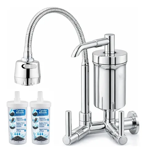Torneira De Cozinha Com Filtro Gourmet 2 Jatos Tubo Flexível Refil Carvão Ativado Água Filtrada Purificada Marca Forte Lar Metais Parede Prateado Cromado Parede Cromado