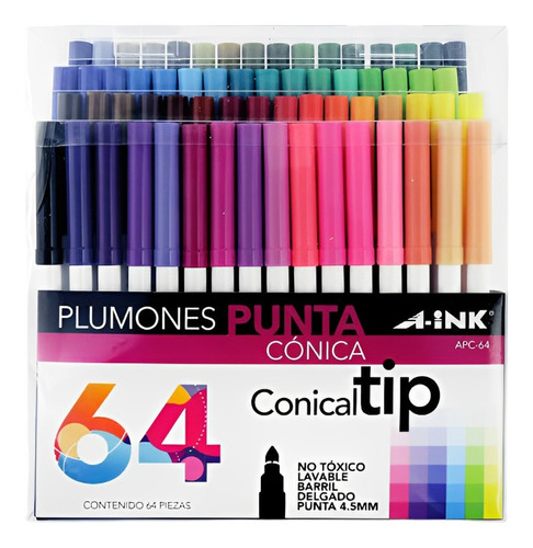 64 Plumones Lavables Punta Conica A-ink (tipo Supertips)