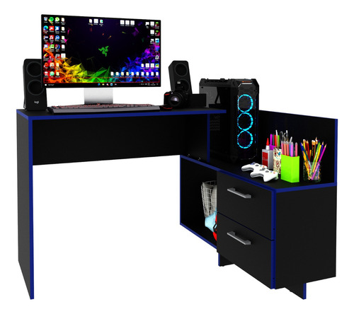 Escritorio Gamer 2 Cajones Negro/azul Me4179.0005 Color Negro