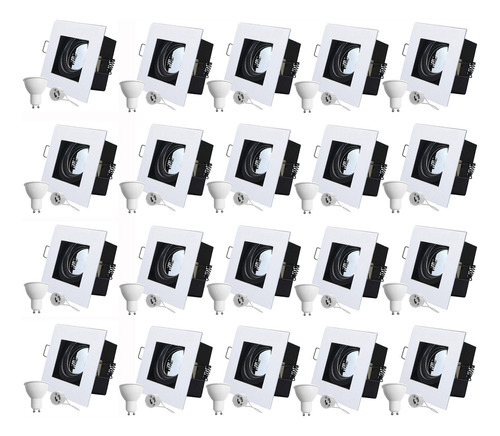 Pack X 20 Spots De Embutir Cuadrados Antideslumbrante Color Blanco Con Zocalos Gu10 Y Dicroicas Led 7w Luz Fria
