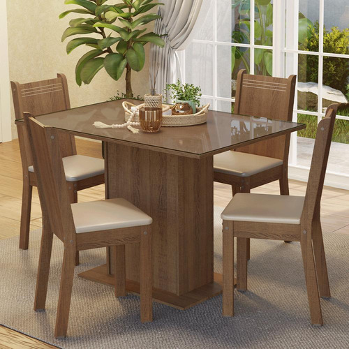 Sala De Jantar Mesa Tampo De Vidro 4 Cadeiras Camélia Madesa Cor Rustic/Sintético Bege