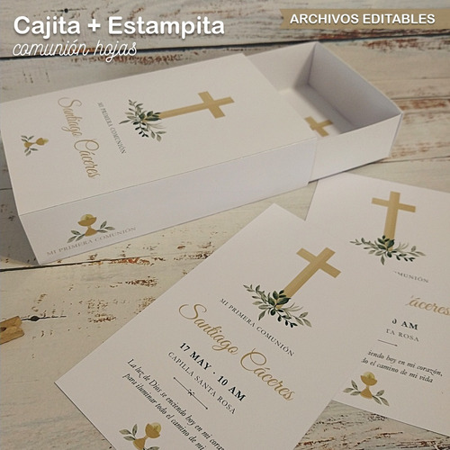 Kit Imprimible Estampitas Comunión + Caja Editable Hojas