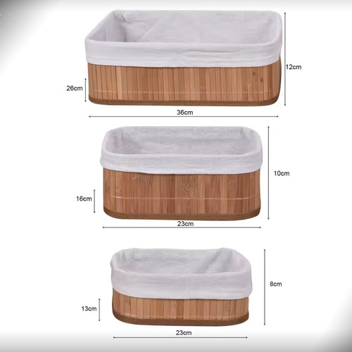 Kit 3 Cestos Caixa Organizador Bambu Tecido Multiuso Forro