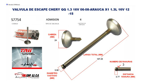 Valvula Escape Chery Qq 1 3 16v 06-08-arauca X1 1 3l 16v 12-