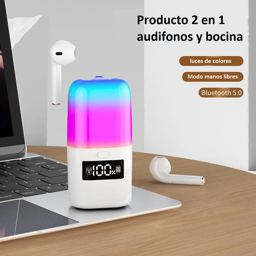 Audífonos Inalámbricos Y Mini Bocina Portátil Bluetooth 2 En 1 Audífonos Blancos Con Botones Táctil Bocina Con Luces Led Para Espectáculo De Colores