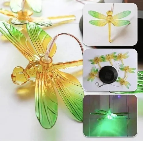 Imagen 3 de 3 de Pack 2 Lampara Colgante Led Solar Libélula Verde - Naranja