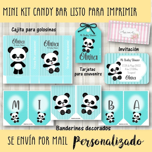 Candy Bar Mini Kit Imprimible Osito Panda Mod.8 Verde Agua
