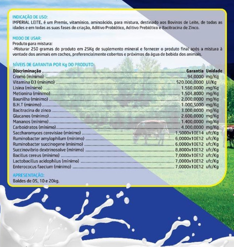 Núcleo Probiótico P/ Aumento Leite Vaca Imperial Leite 40 Kg