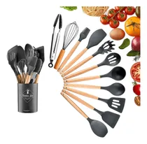 Comprar Set X12 Utensilios De Cocina Mango Madera Punta Silicona