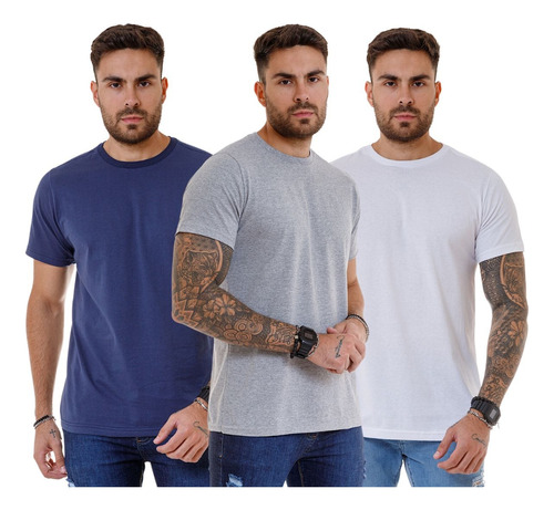 Kit 3 Camisetas Básica Masculina Algodão Slim Fit Lisa