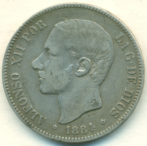 España Moneda De Plata 900 25 Gramos 5 Pesetas 1884 Ms M Mb