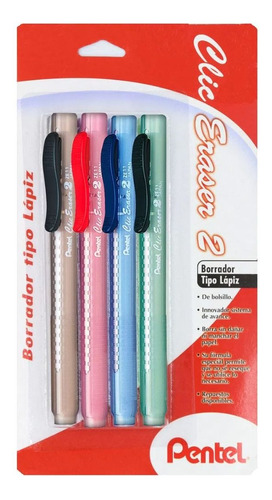 4 Borrador Goma Tipo Lapiz Pentel Clic Eraser 2 Dif Colores