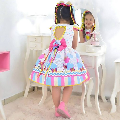 Vestido Festa Junina Infantil - Várias Cores + 2 Laço Cabelo
