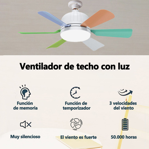AUXTOO Ventilador De Techo Lampara Incluye Control Remoto 3 Velocidades Color Diámetro 52 Material De Las Aspas Plástico silencioso,6 Aspas Para Sala De Estar, Dormitorio,3000K-6500K Regulable