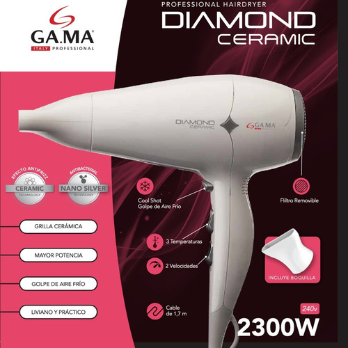 Secador De Pelo Gama Diamond Ceramic 2300w Nano Silver Color Blanco