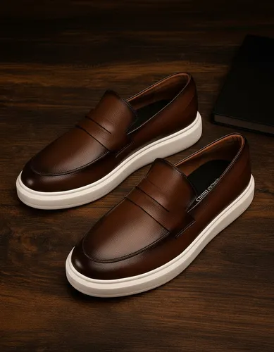 Par de sapatos loafer masculinos em couro marrom com solado branco sobre fundo de madeira