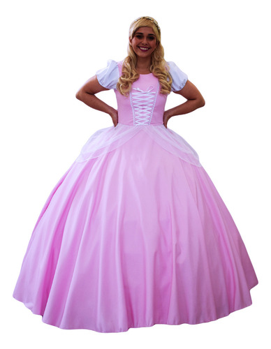 Vestido Da Princesa Cosplay Rosa Longo Adulto Luxo Com Luva