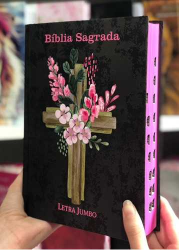 Bíblia Sagrada Capa Dura Letra Jumbo Grande - Cruz Flores Rosa - Índice E Harpa Arc, De Almeida, João Ferreira De. Editora Cpp, Capa Dura Em Português, 2017