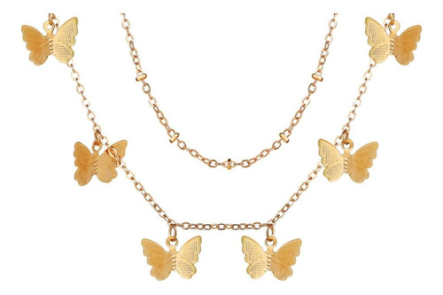 Collar Doble Capas Fino, Dorado, Diseño Mariposas