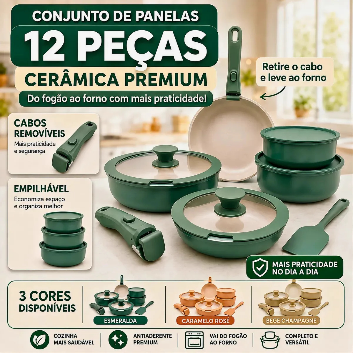 Jogo de Panelas  VRX Premium 12 Peças Cerâmica com Cabos Removíveis para Indução