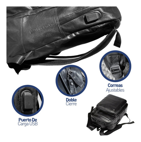 ** Mochila De Cuero Con 3 Bolsillos Casual Bluelander 30l Con Sistema Antirrobo Color Negro Liso