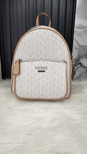 Backpack Guess Dd672430 Nueva 100 % Original Con Etiqueta Blanco Estampado Níquel Beige