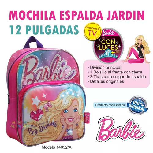 Mochila Espalda Jardin 12p Con Luz Barbie Rosa (14032)