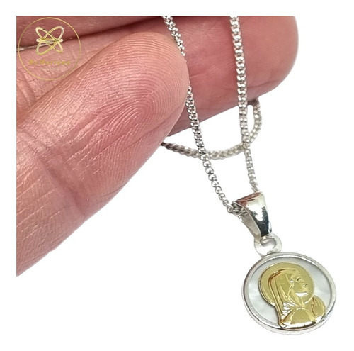 Cadena Plata + Dije Plata Y Oro Virgen Niña Con Nacar 13mm