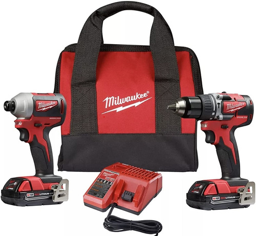 Kit Taladro Percutor Y Atornillador De Impacto Milwaukee 18v Color Rojo Incluye 2 Baterías + Bolso