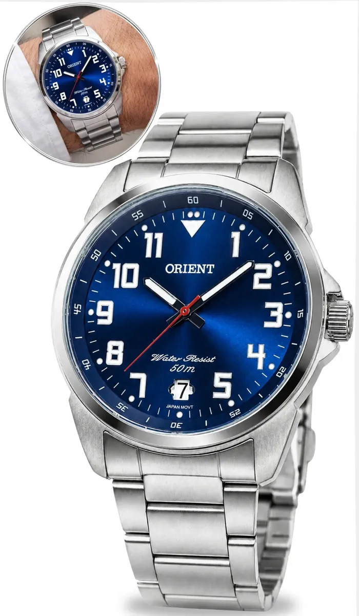 Relógio de pulso Orient Analógico com Correia de aço inoxidável cor prata - Fundo azul