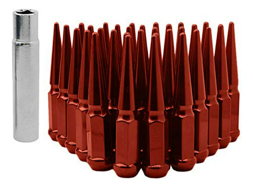 24pc M12x1.5 Tall 4.5  Solid Red Spike Lug Nuts With Locking