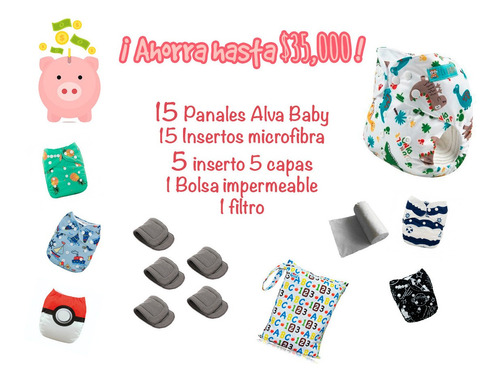 Paquete Todo Incluido Alva Baby 15 Pañales Ecologicos 