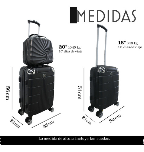 Juego 3 Maletas De Mano Avion 20 Y 18 Pulgadas 15 Y 10 Kgs Negro