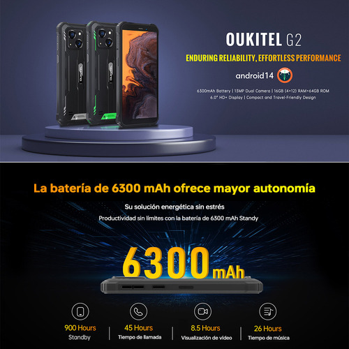 Oukitel Celular Oukitel G2 16(4+12)ram 64gb Rom Dual Sim 6300mah Smartphone Resistente Android 14 /otg/compass/amplificador De Sonido
